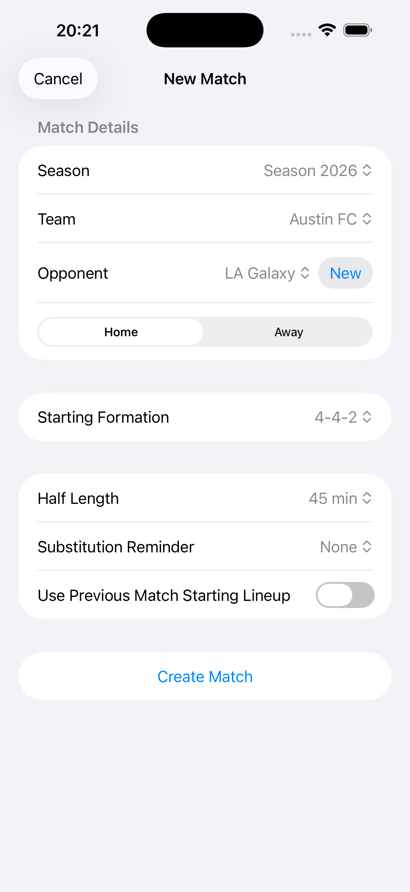 Soccer Match Manager app screen for managing match setup or roster details