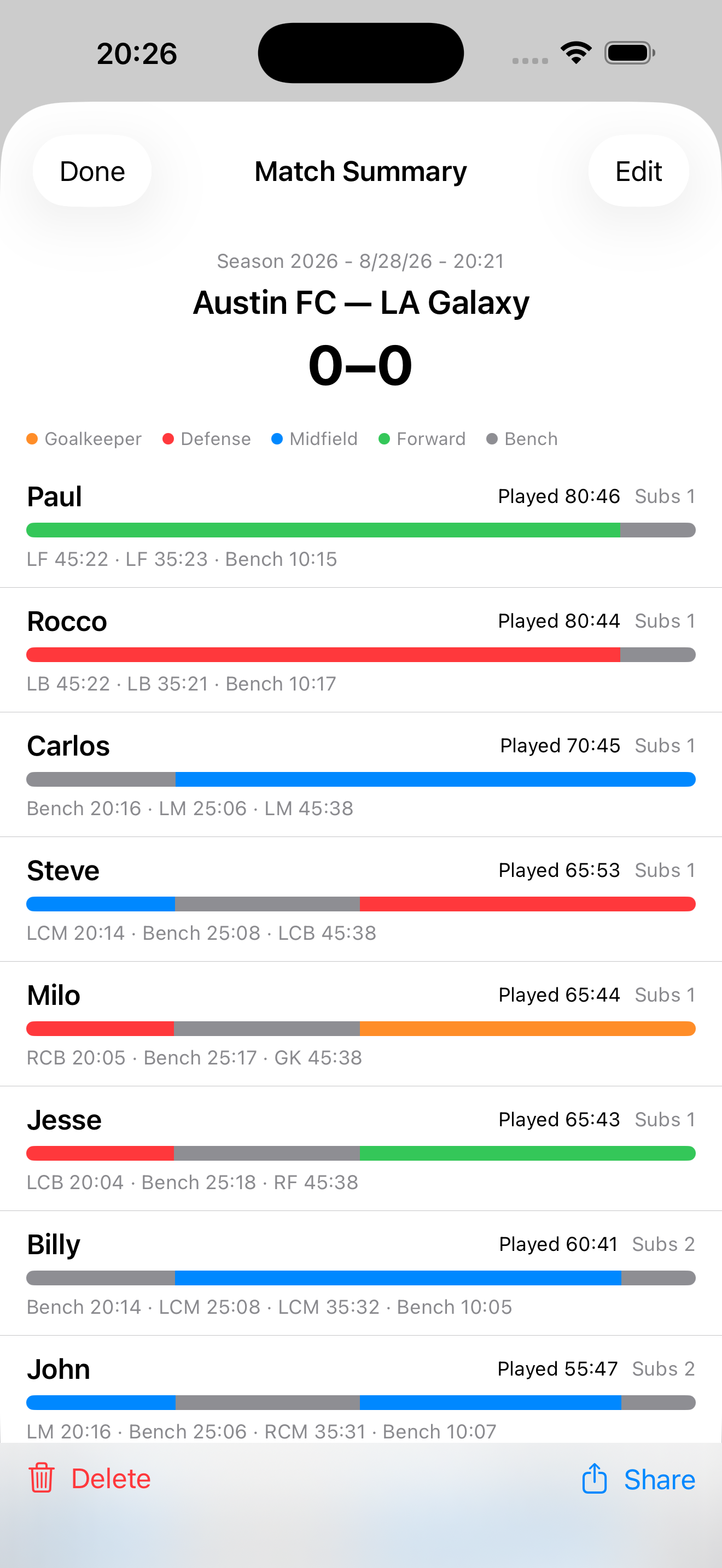 Soccer Match Manager management screen for saved players, seasons, opponents, or matches